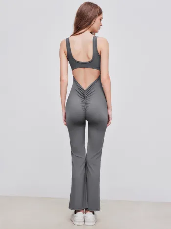 Square Neck Backless Ruched Flared Jumpsuit 