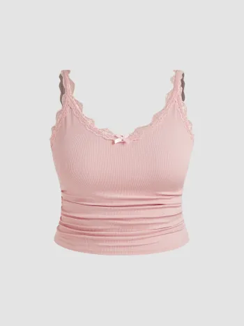 V-neck Lace Bowknot Ruched Cami Top Curve & Plus