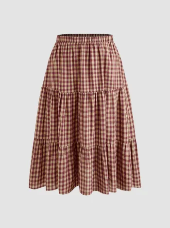 Cotton-blend Mid Rise Check Layered Maxi Skirt Curve & Plus