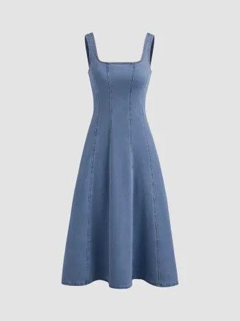 Jeanskleid mit Rüschen und Spaghettiträgern Maxikleid