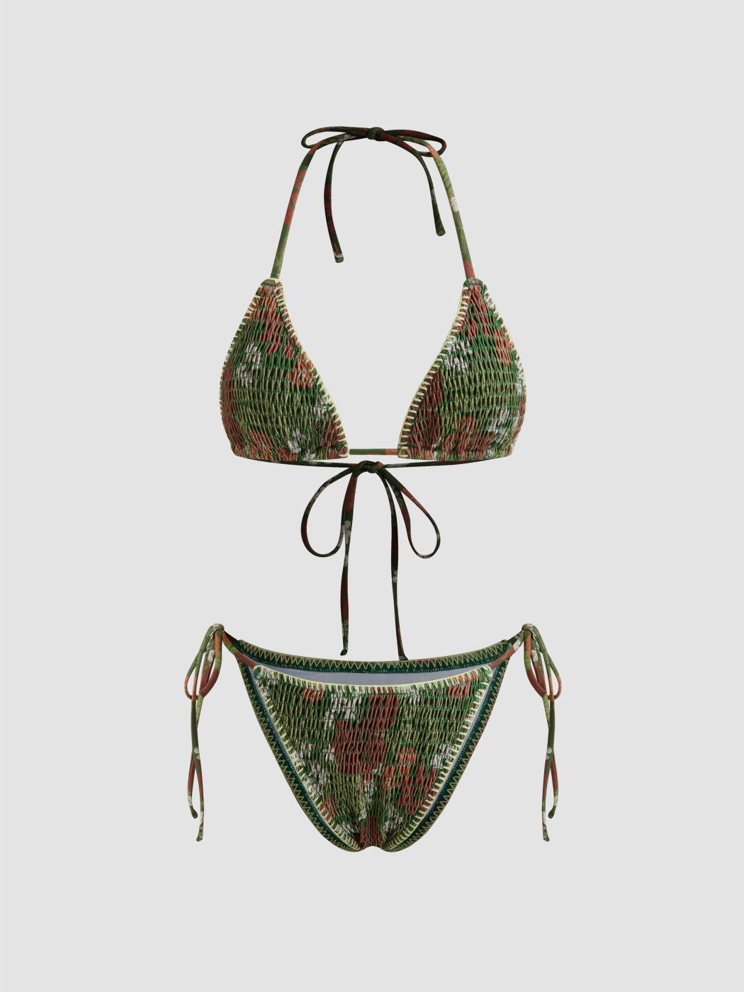 Bikini-Set mit Halterhalslinie, geschirrtem Blumenmuster und Dreiecksknoten an der Seite