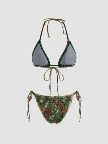 Bikini-Set mit Halterhalslinie, geschirrtem Blumenmuster und Dreiecksknoten an der Seite