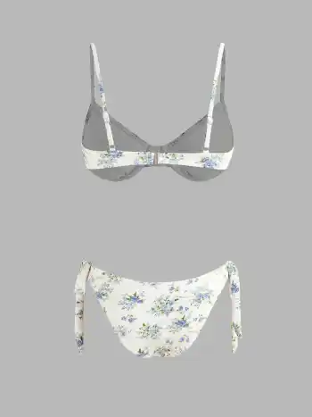 Square Neck Floral Shirred Underwire Tie Side Bikini Swimsuit