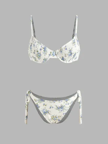 Square Neck Floral Shirred Underwire Tie Side Bikini Swimsuit