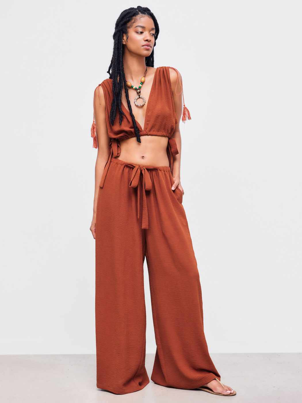 Two Way V-neck Solid Drawstring Knotted Wide Leg Jumpsuit