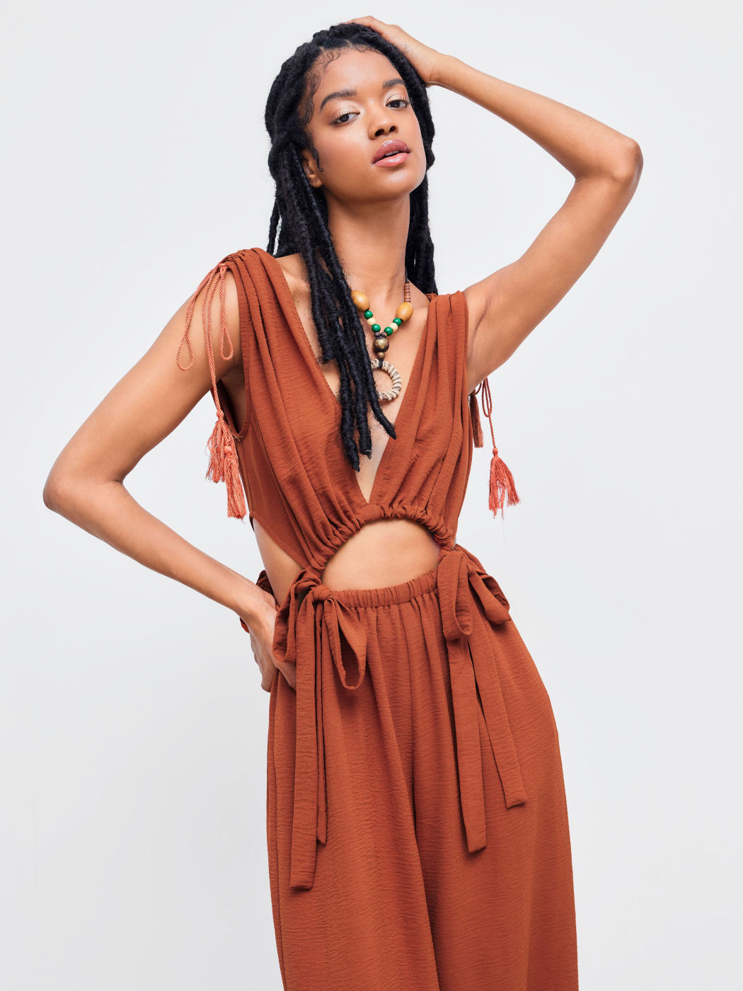 Two Way V-neck Solid Drawstring Knotted Wide Leg Jumpsuit