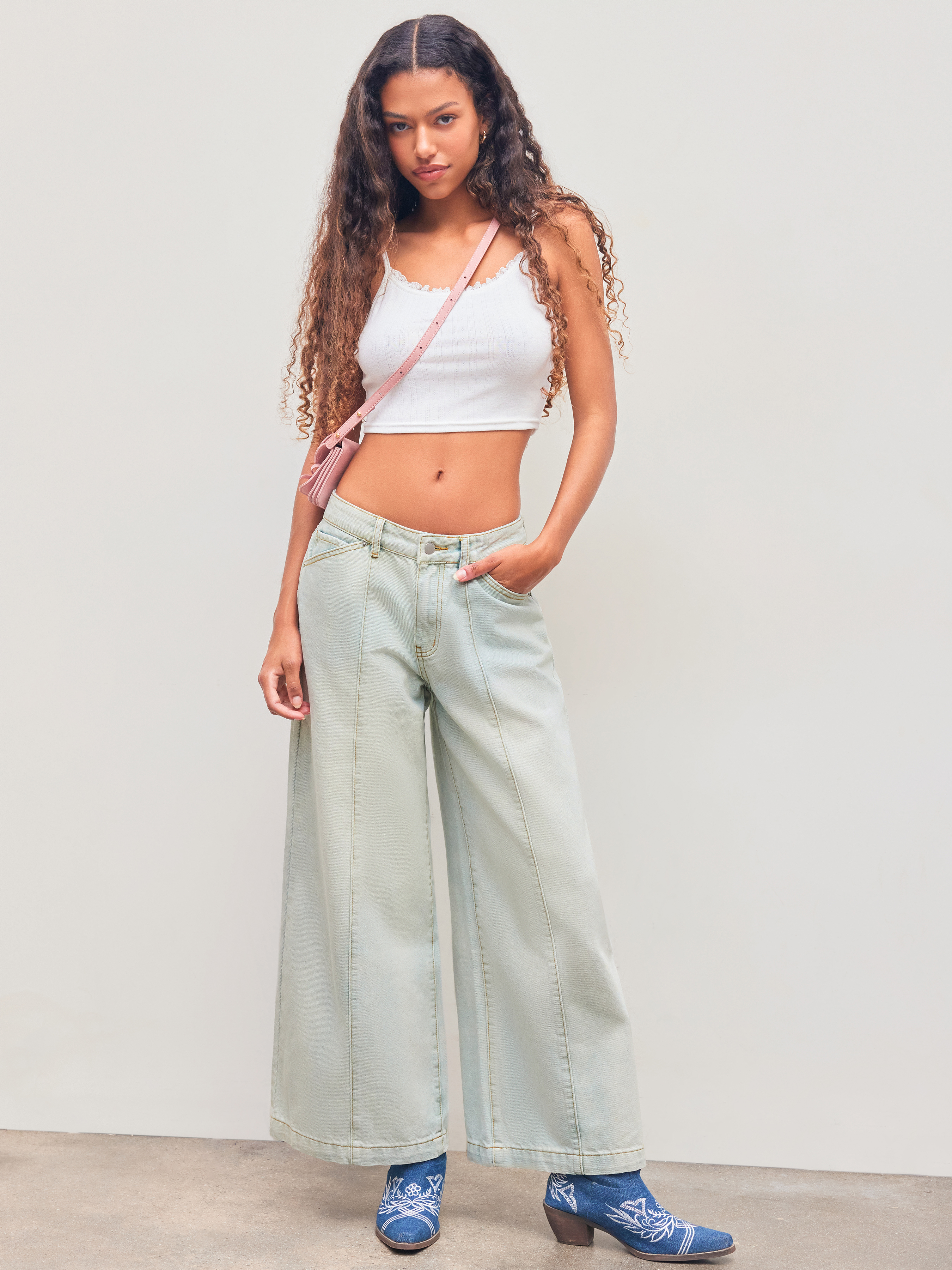Denim Denim Low Rise Solid Pocket Wide Leg Jeans For Daily