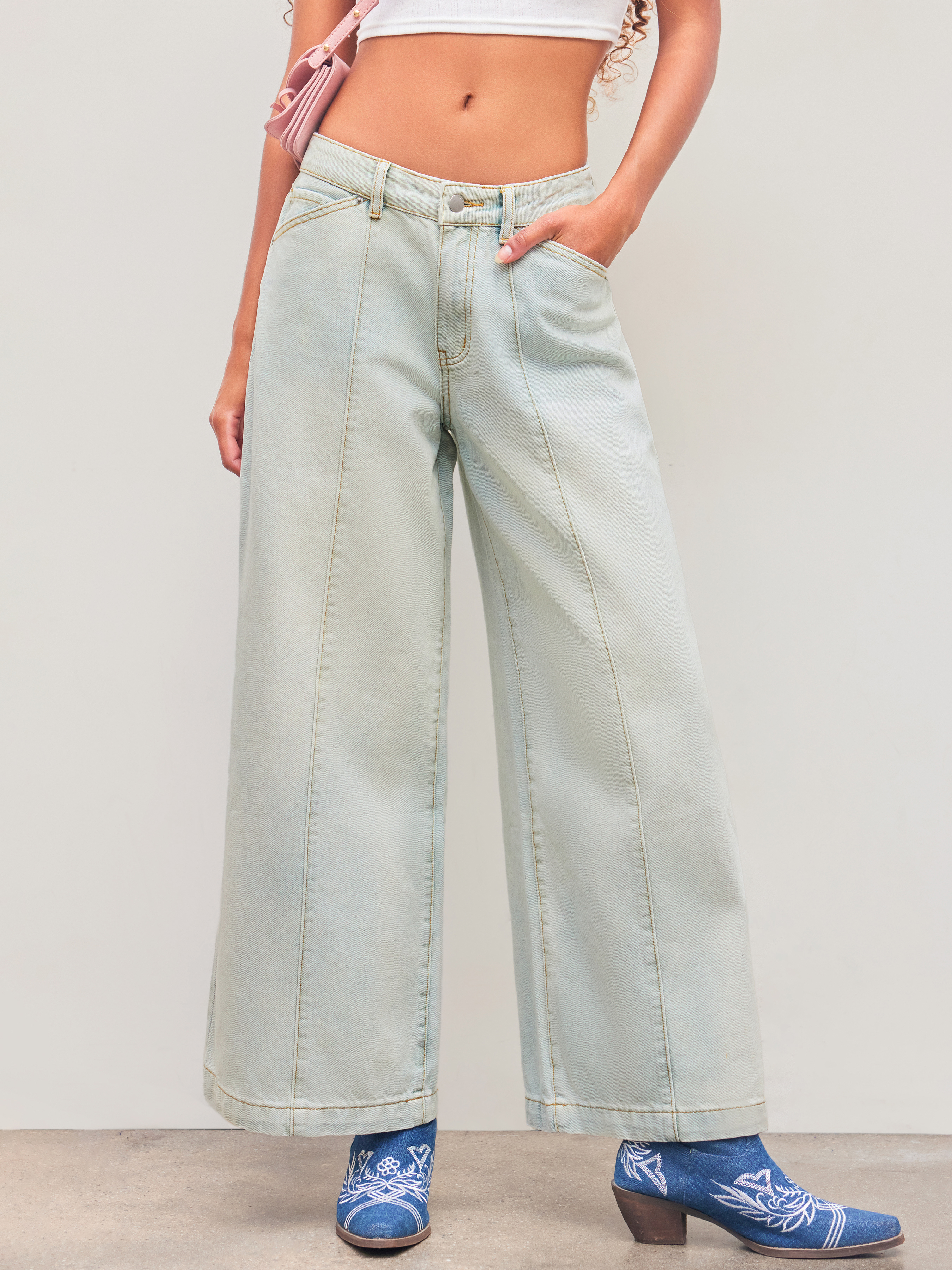 Denim Denim Low Rise Solid Pocket Wide Leg Jeans For Daily