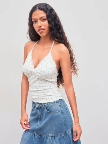 Halter Floral Lace Trim Knotted Ruched Top