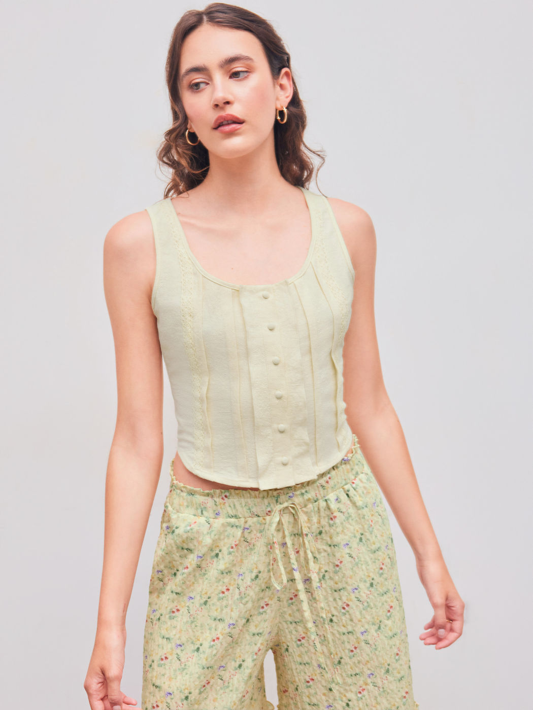 Square Neck Solid Pleated Tank Top