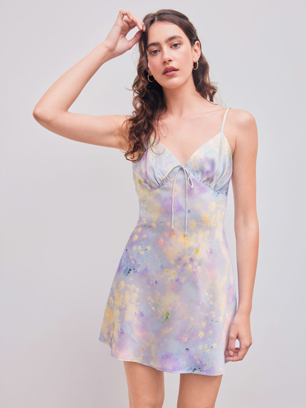 Satin V-Ausschnitt Blumen Tie Dye Minikleid