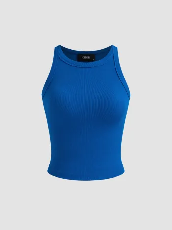 Cotton-Mischung Rundhals Einfarbiger Tanktop
