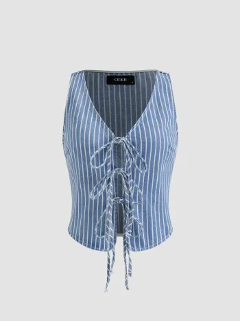 Denim V-Ausschnitt gestreifter geknoteter Westen