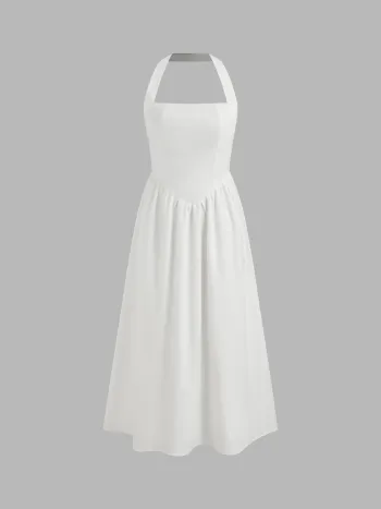 Leinen-Mix Halter Solid Rüschen Maxikleid