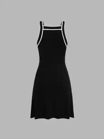 Knitted Square Neck Contrasting Binding Sleeveless Mini Dress