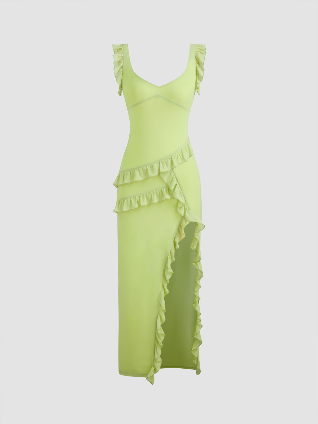V-neck Solid Lettuce Trim Split Maxi Dress