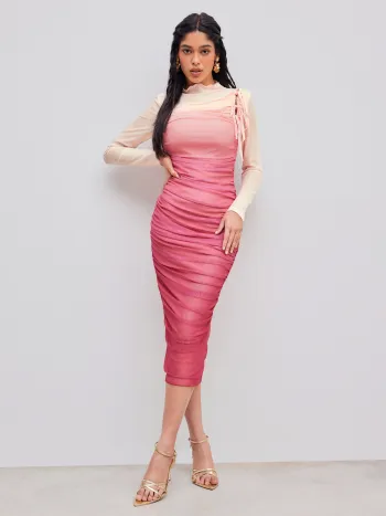 Mesh Stehkragen Gradient Gerafftes Geknotetes Maxikleid