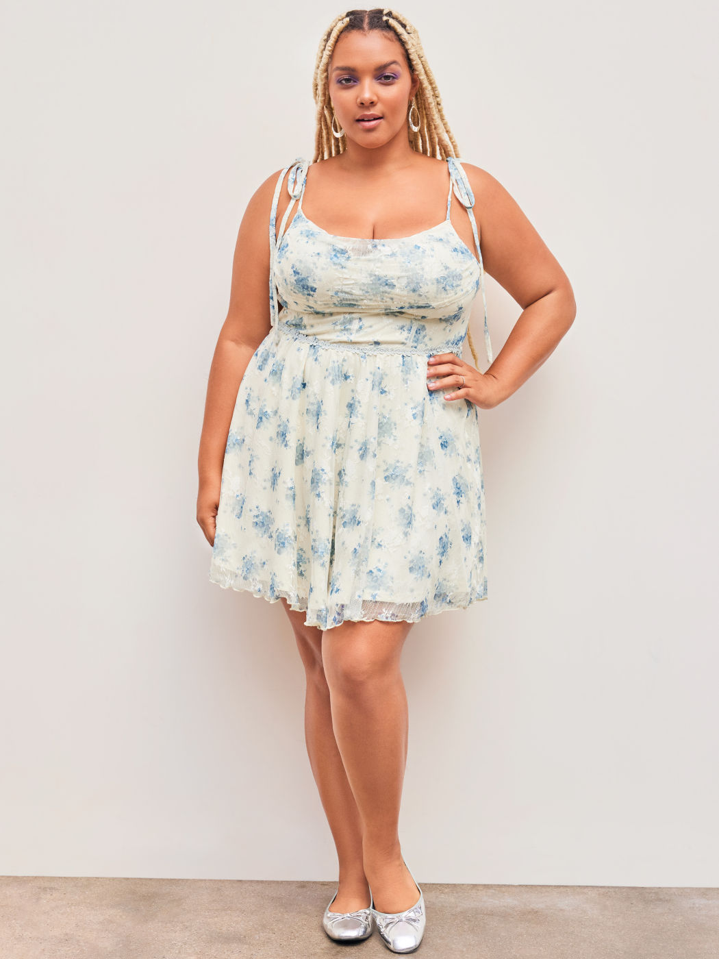 Mesh Cowl Neck Floral Knotted Ruffle Mini Dress Curve & Plus