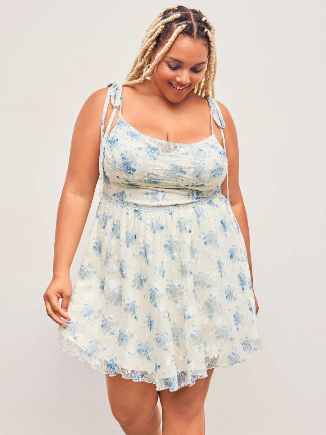 Mesh Cowl Neck Floral Knotted Ruffle Mini Dress Curve & Plus