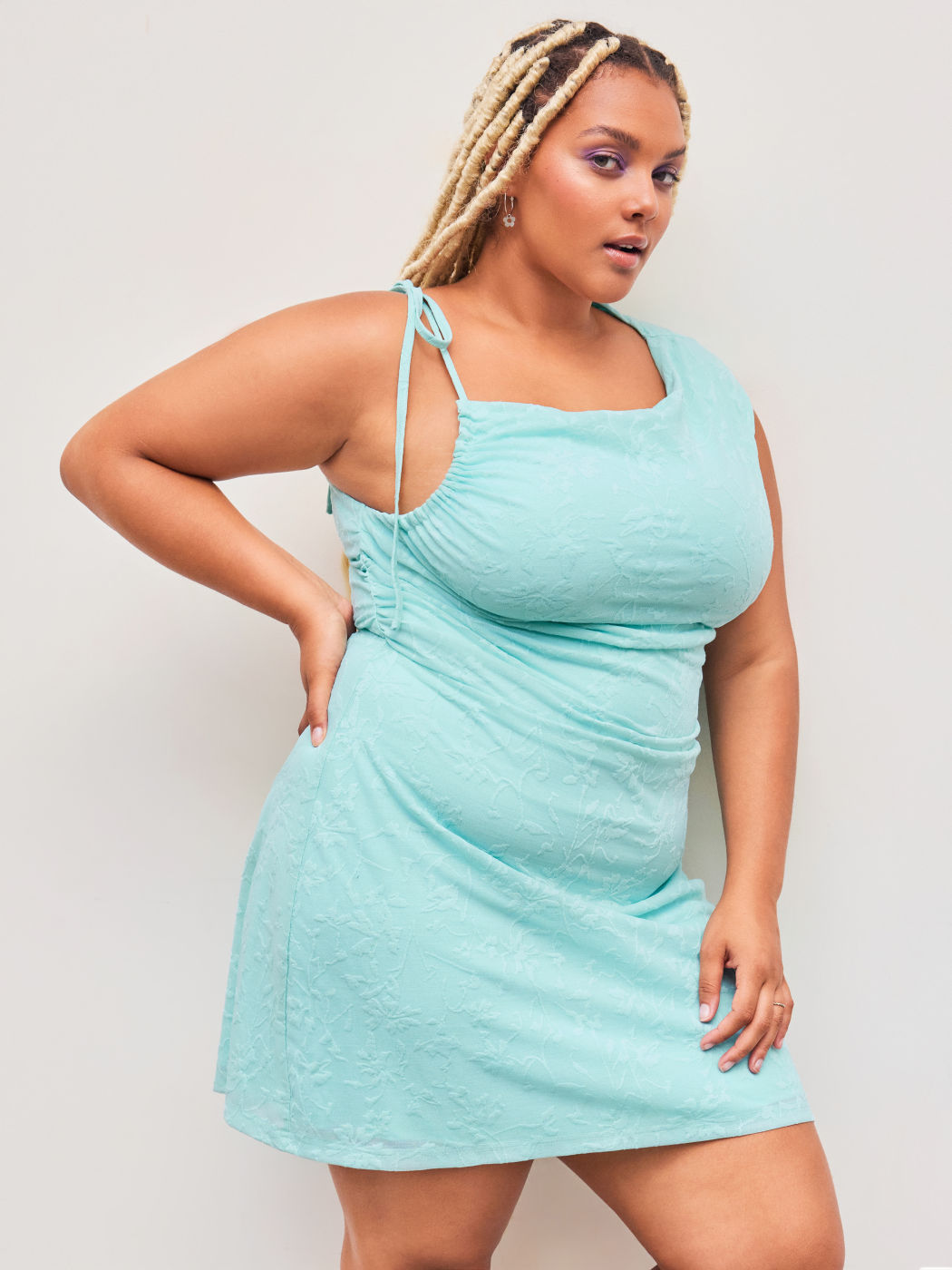 Asymmetrical Neck Floral Ruched Drawstring Mini Dress Curve & Plus