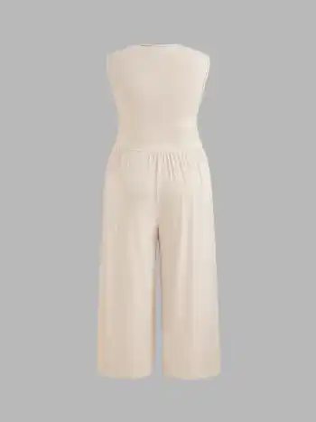 V-Ausschnitt, geriffeltes, einfarbiges Breitbein-Overalls Kurve & Plus