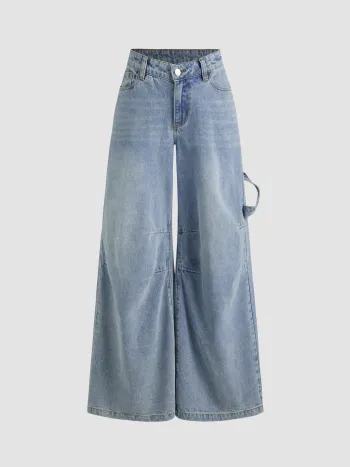 Denim Low Rise Solid Wide Leg Baggy Jeans