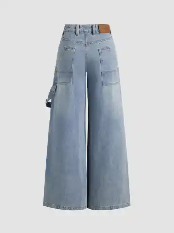 Denim Low Rise Solid Wide Leg Baggy Jeans