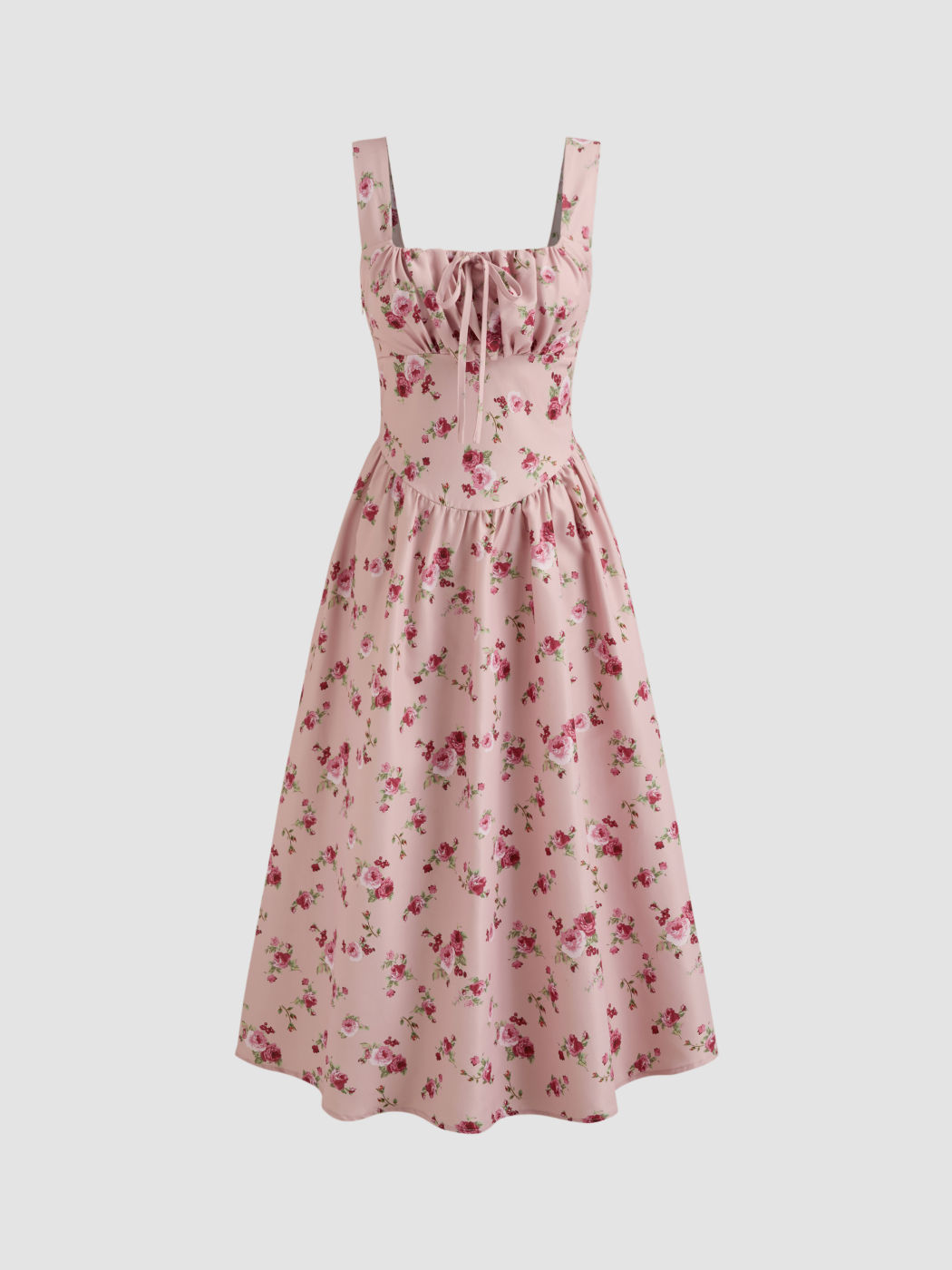 Square Neck Floral Knotted Midi Dress