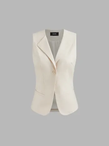 Linen-blend Collar Solid Button Blazer Vest