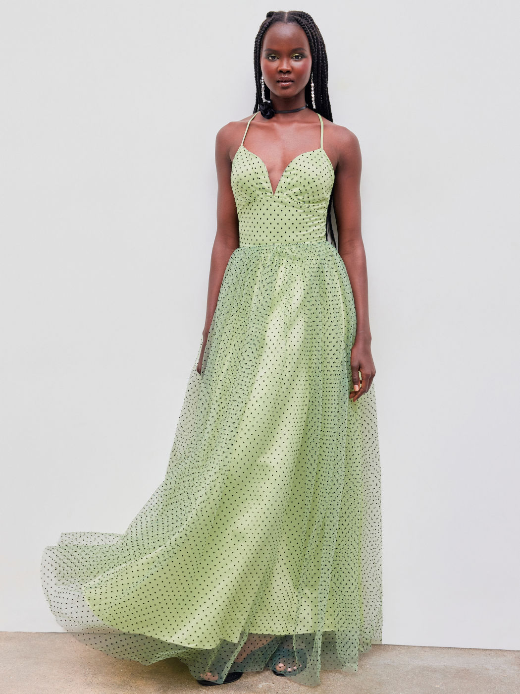 Mesh V-neck Polka Dot Criss Cross Maxi Dress