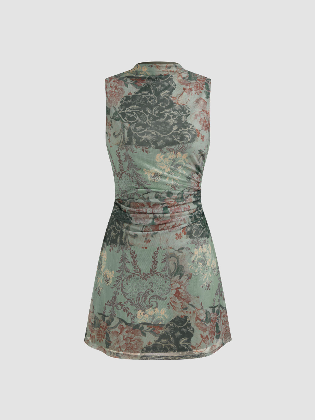 Mesh Stehkragen Blumiges Rüschen Minikleid
