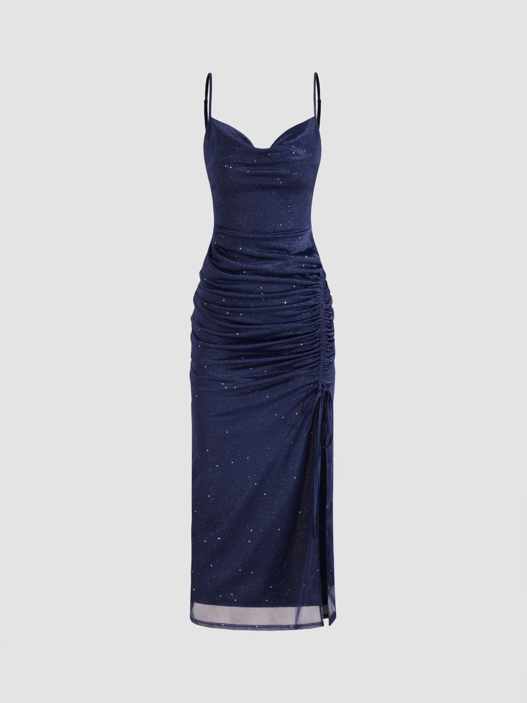Cowl Neck Glitter Ruched Split Drawstring Maxi Dress