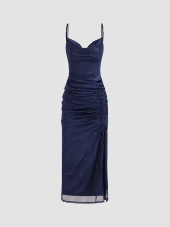 Cowl Neck Glitter Ruched Split Drawstring Maxi Dress