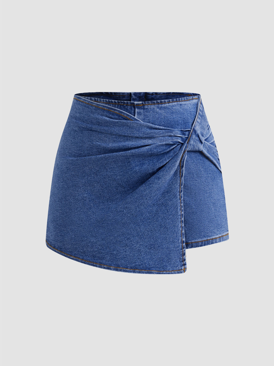 Hochdehnbarer Jeans-Mikro-Skort mittlerer Hüftlage mit einfarbigem Wrap-Design und Reißverschluss