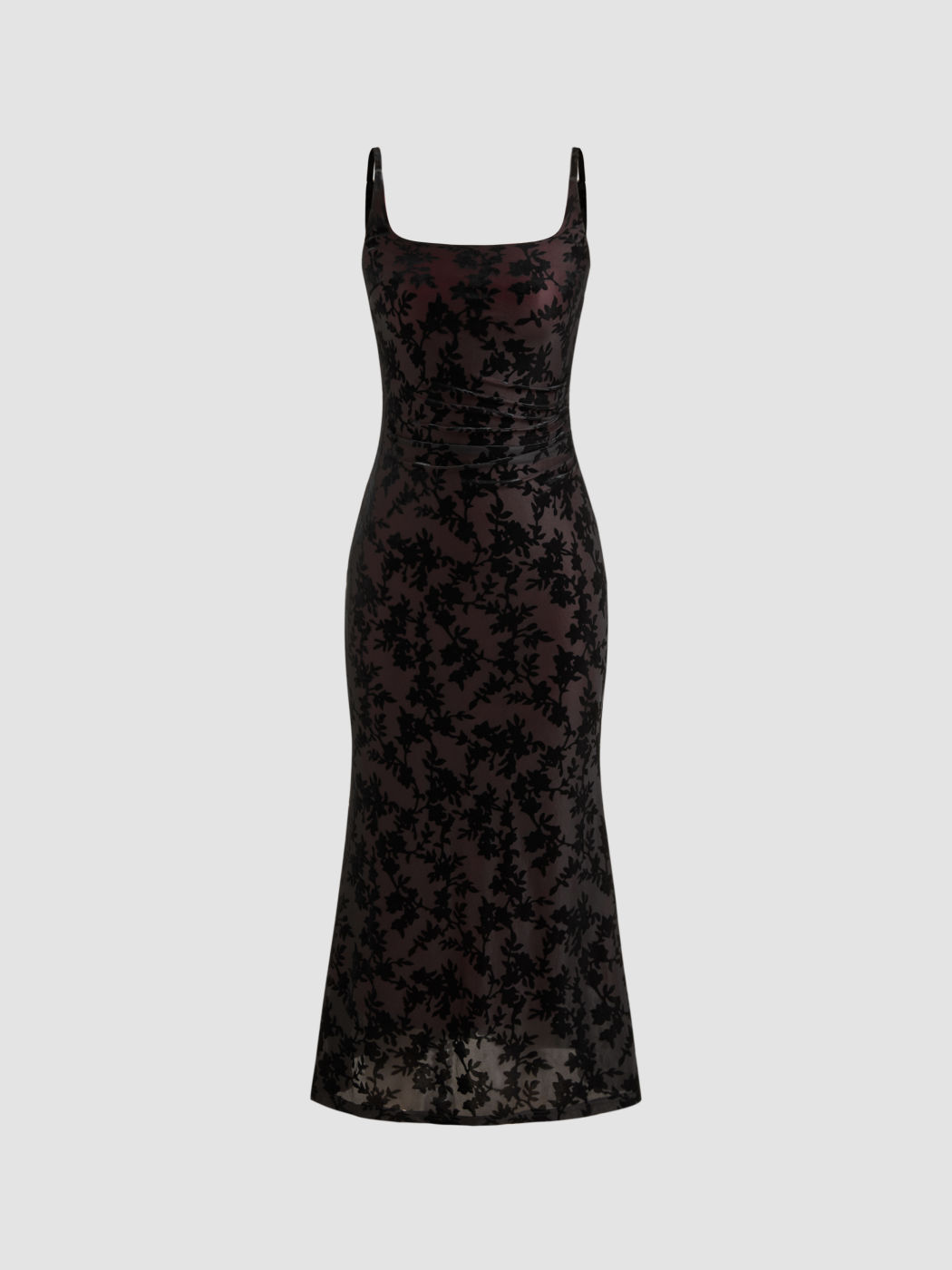 Square Neck Floral Ruched Maxi Dress