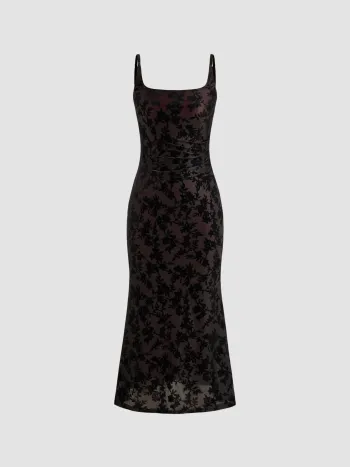 Quadratischer Ausschnitt Floral Rüschen Maxikleid