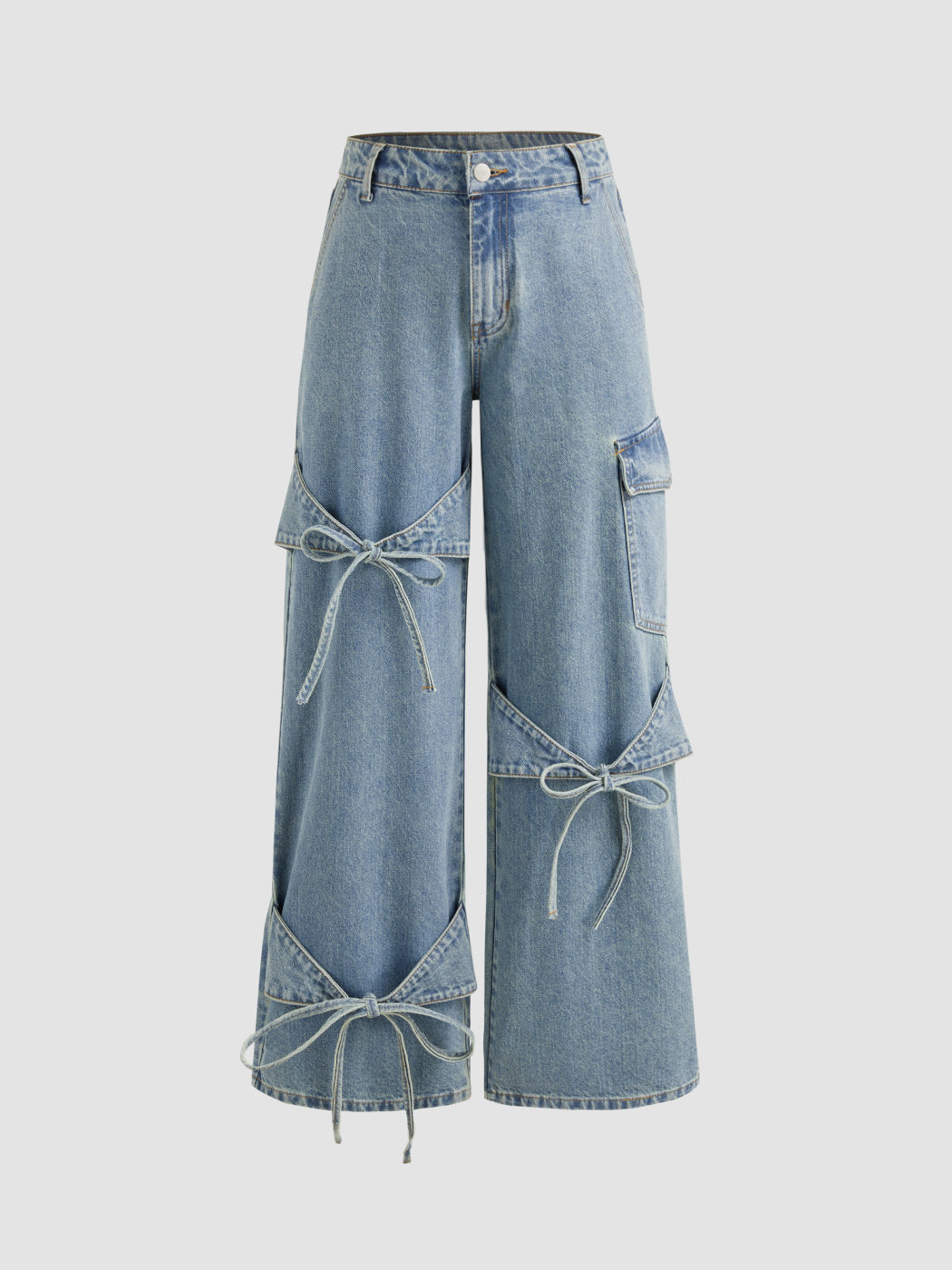 Cider Denim Low Rise Solid Bowknot Pocket Wide Leg Jeans