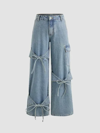 Cider Denim Low Rise Solid Bowknot Pocket Wide Leg Jeans