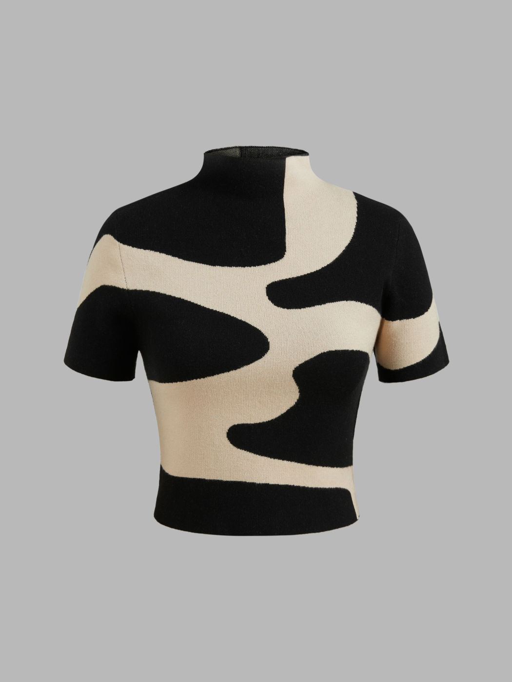 Knit High Neck Zebra Stripe Short Sleeve Top