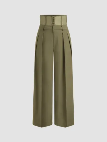 Woven Mid Rise Solid Corset Belt Wide Leg Trousers
