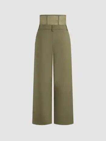 Woven Mid Rise Solid Corset Belt Wide Leg Trousers