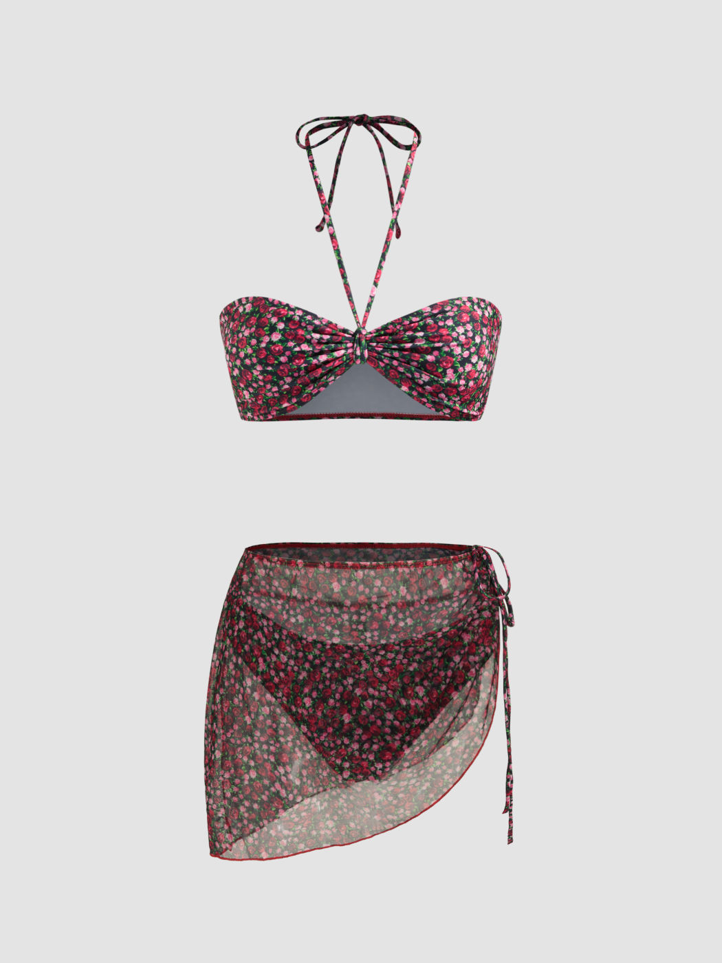 Floral Halter Bikini Swimsuit With Floral Sarong