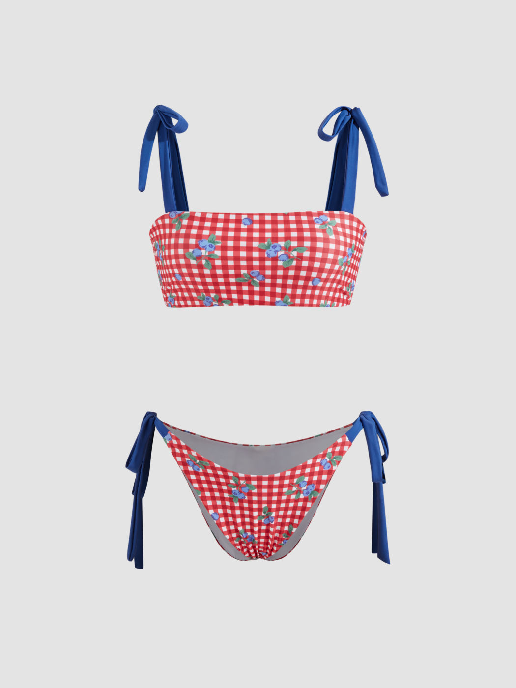 Square Neck Check Cherry Graphic Knotted Bracelet Tie Side Bikini Swimsuit