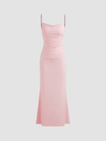 Cowl Neck Ruched Backless Maxi Dress