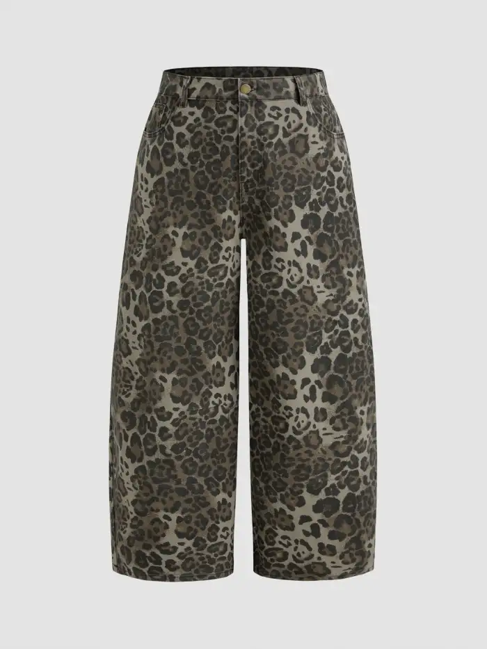 Denim Denim Leopard Button Pocket Wide Leg Jumpsuit Curve & Plus For Daily Casual