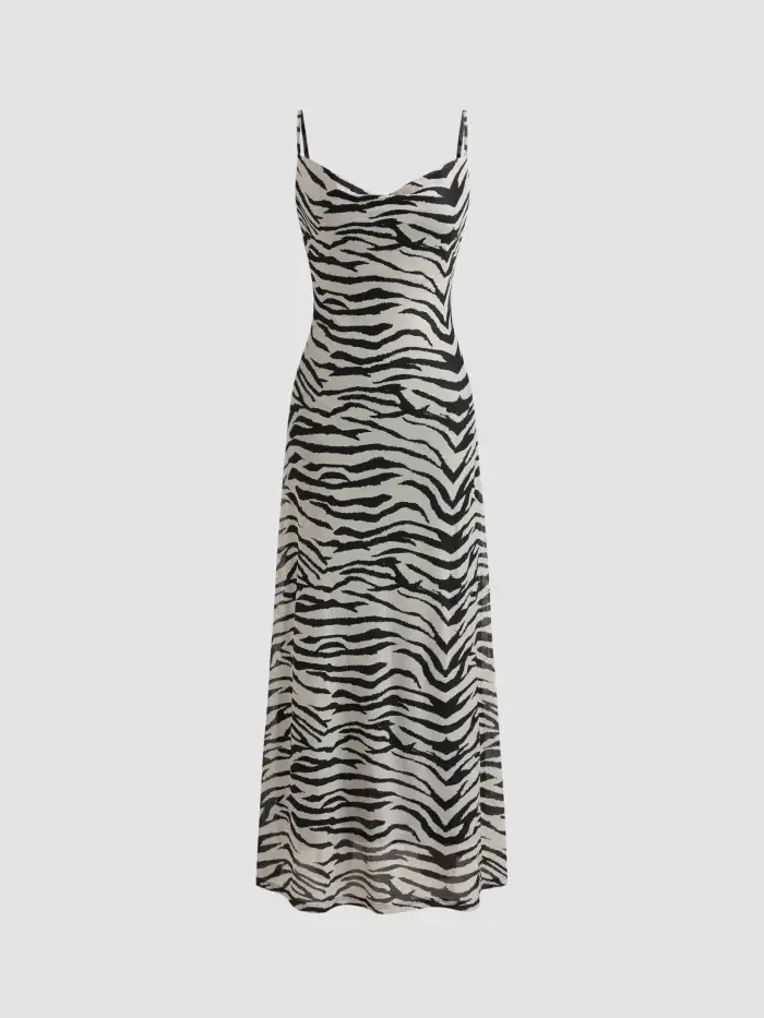 Mesh Mesh Cowl Neck Zebra Striped Maxi Dress For Vacation