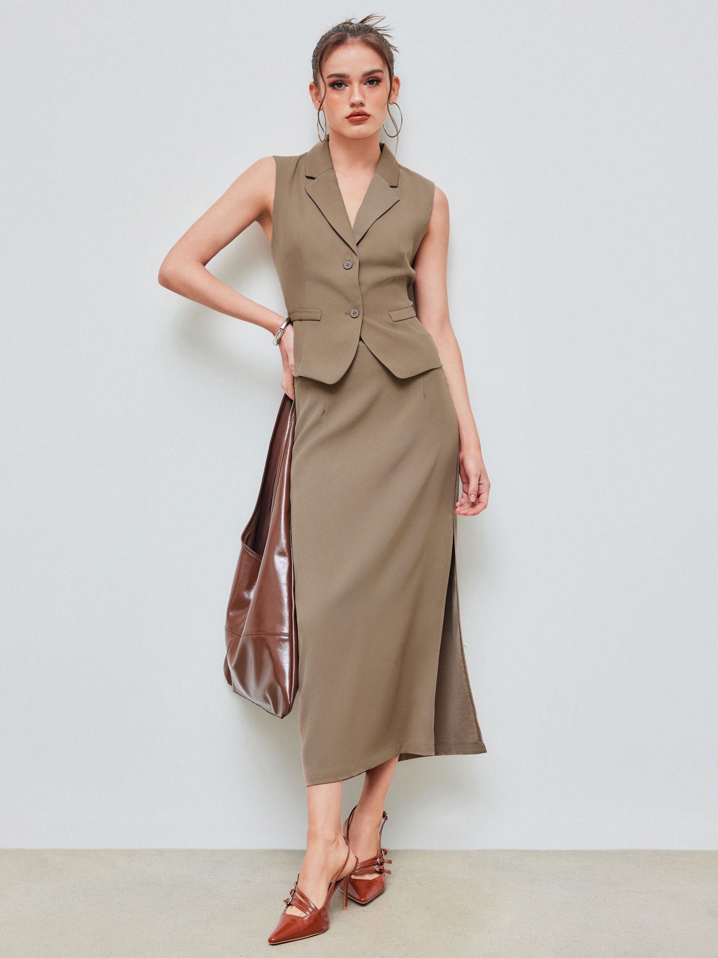 V-neck Solid Button Vest & Split Maxi Skirt Matching Set