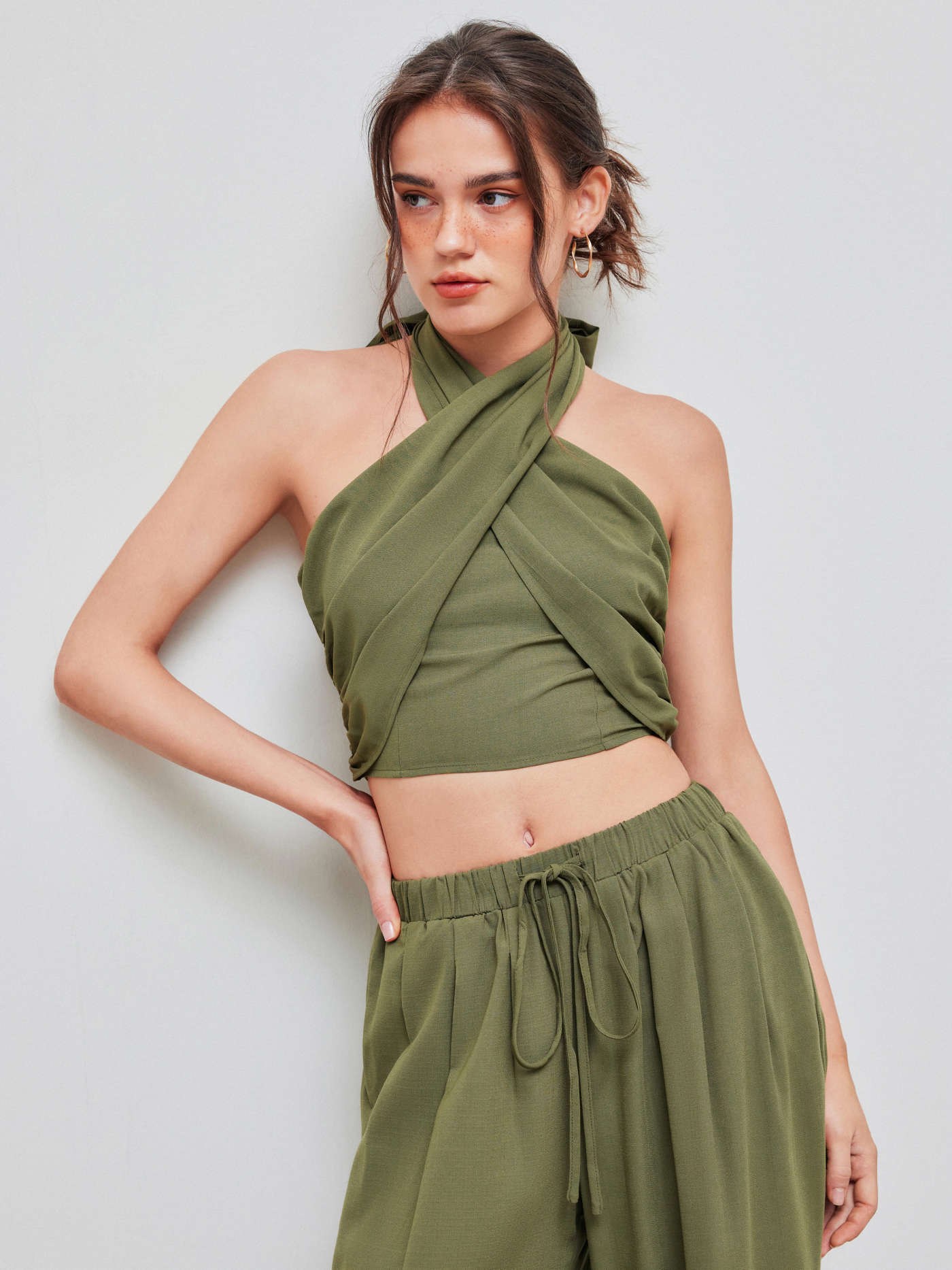Cross Halter Shirred Back Crop Top