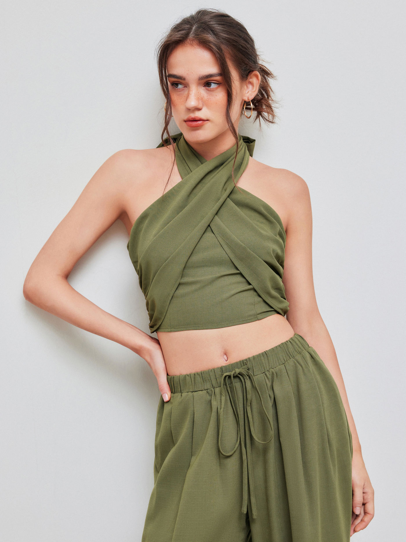 Cross Halter Shirred Back Crop Top