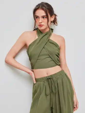 Cross Halter Shirred Rücken Crop Top